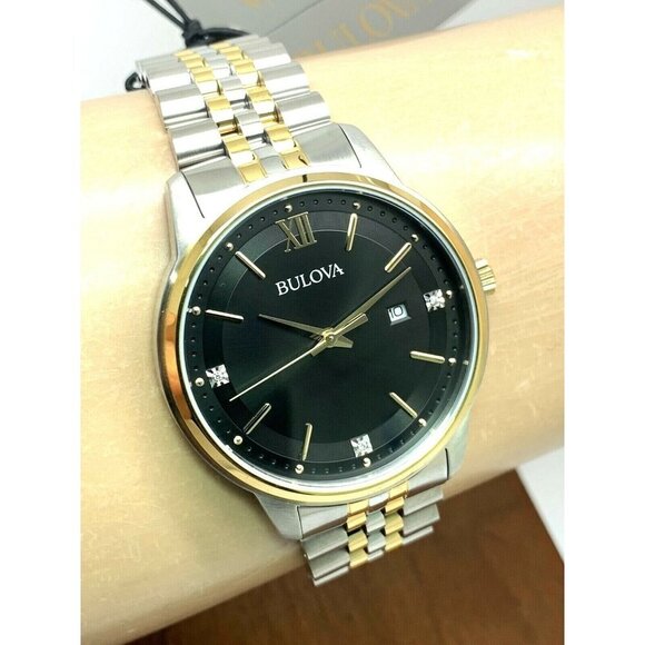 Bulova Men's Watch 98D163 Black Dial Diamond Quartz Two Tone Stainless Steel - Picture 10 of 13